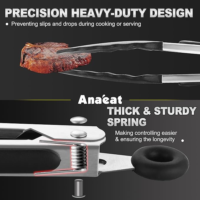 Anaeat Non-Stick Silicone Locking Tong Set of 3 - Stainless Steel 7", 9", 12" Kitchen Food Tongs with Non-Slip Silicone Tips and Grip for Cooking, Baking and BBQ - Heat Resistant up to 480째F (Black)