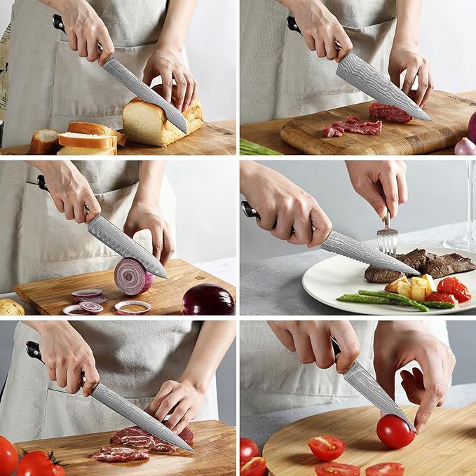 NANFANG BROTHERS Damascus Kitchen Knife Set with Block, 9 Pieces, ABS Ergonomic Handle, Knife Sharpener, Kitchen Shears