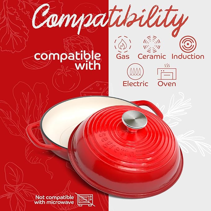 Enameled Cast Iron Bread Pan with Lid, 11??Red Bread Oven Cast Iron Sourdough Baking Pan, Dutch Oven for Bread, No Seasoning Needed -Segretto Cookware
