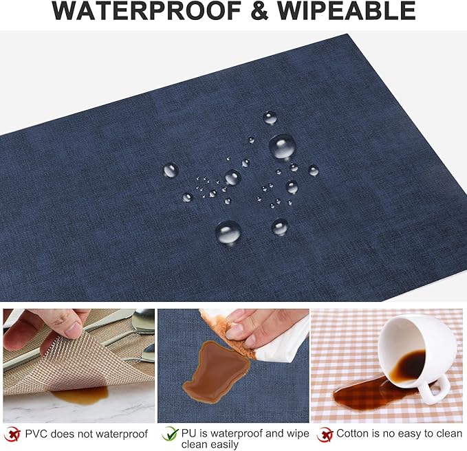 LANDVIEW Leather Heat Resistant Placemats Set of 6 Waterproof Wipeable Washable PU Table Mats,Easy to Clean Anti-Slip Place Mats (Navy Blue, 6)