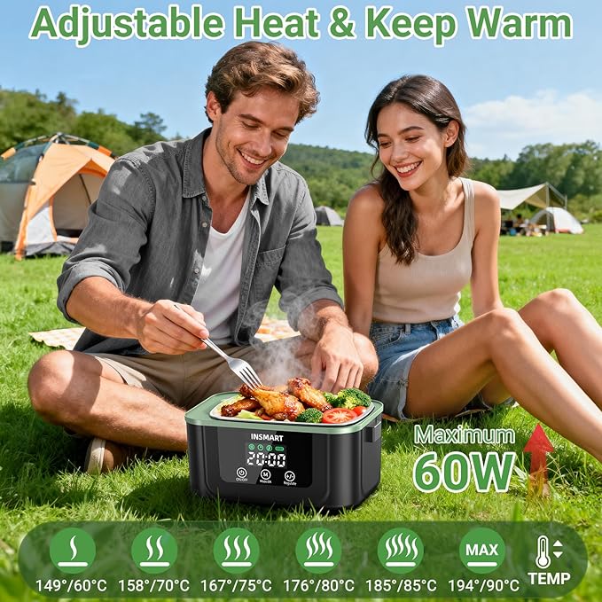 Cordless Electric Lunch Box for Adults, 1.5L Large Portable Heated Lunch Boxes with Smart Timer and 60W Rapid Uniform Heating, 304 Stainless Steel Lunch Box for Office, Travel, Car & Home Use