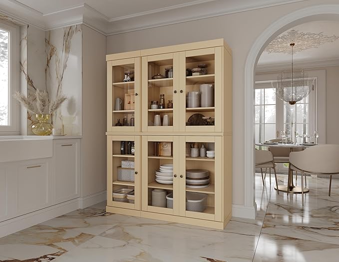 Palace Imports 100% Solid Wood 48.5" Pantry China Cabinet with Clear Glass Doors and Adjustable Shelves (Yellow)