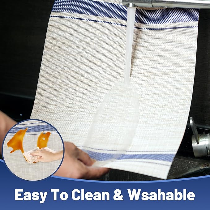 flohar Placemats Set of 6竊똍on-Slip PVC Weave Table Mats Easy to Clean竊똇eat Resistant Place Mats for Kitchen Dining Table Decoration Indoor Outdoor竊똊haki Blue