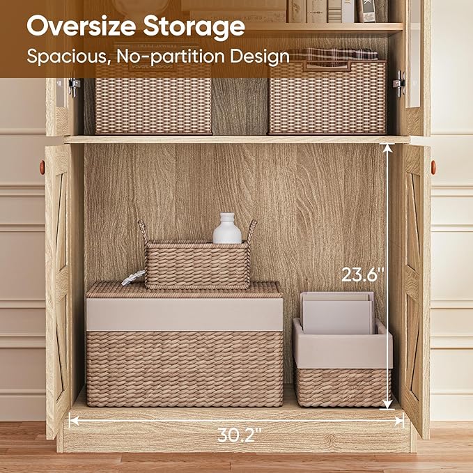 Vyre 71" Tall Farmhouse Kitchen Pantry, Set of 2 Large Storage Cabinets with Glass Doors & Adjustable Shelves, Versatile Wood Hutch for Living Room & Dining Room, Brown