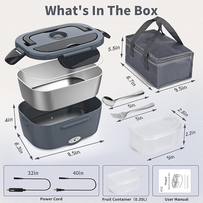 Vingud Electric Lunch Box for Adults, Heated Lunch Box Food Warmer, 80W Portable Heating Lunchbox for Men/Car/Truck with 1.5L Stainless Steel Container, 12V/24V/110V Lonchera El챕ctrica Port찼til Gift