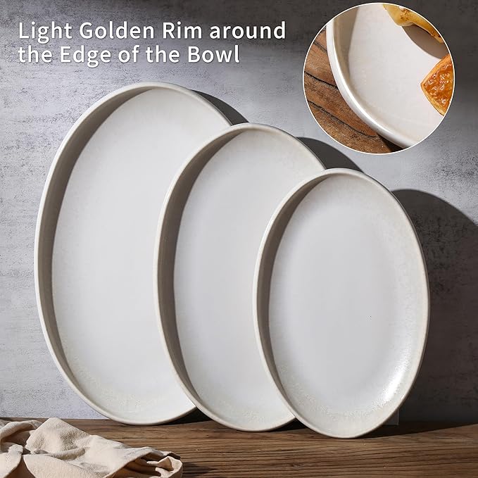 Ceramic Large Serving Platters- Set of 3 Oval Platters for Entertaining. Kitchen Dishes for Dinner, Fruit, Salad, Turkey, etc. Oven, Dishwasher Safe, 15.75"/13.75"/12",Mixed White