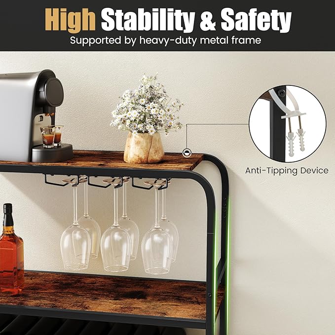 GOFLAME 16 Bottle Wine Rack, Freestanding Floor 5-Tier Wine Display Shelf w/Glass Holders, Metal Frame Industrial Liquor Display Stand with Storage Shelf for Kitchen, Home Bar