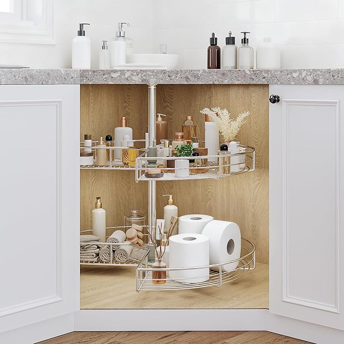 DWVO 31??Kidney 2-Tier Lazy Susan ??Telescoping Mount Corner Cabinet Organizer with Pie-Shelf Design, for Bathroom,Kitchen Cabinet Blind Corners (Chrome, 270째 Adjustable)