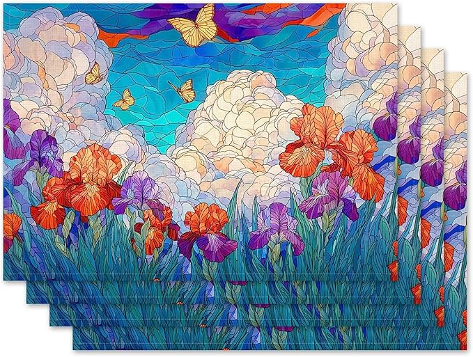 Jauageon Spring Iris Placemat Set of 4 Stained Glass Style Floral Placemats Flower Butterfly Table Mats for Indoor Outdoor Home Party Kitchen Dining Decor Farmhouse Burlap Table Mats 12x18 Inch