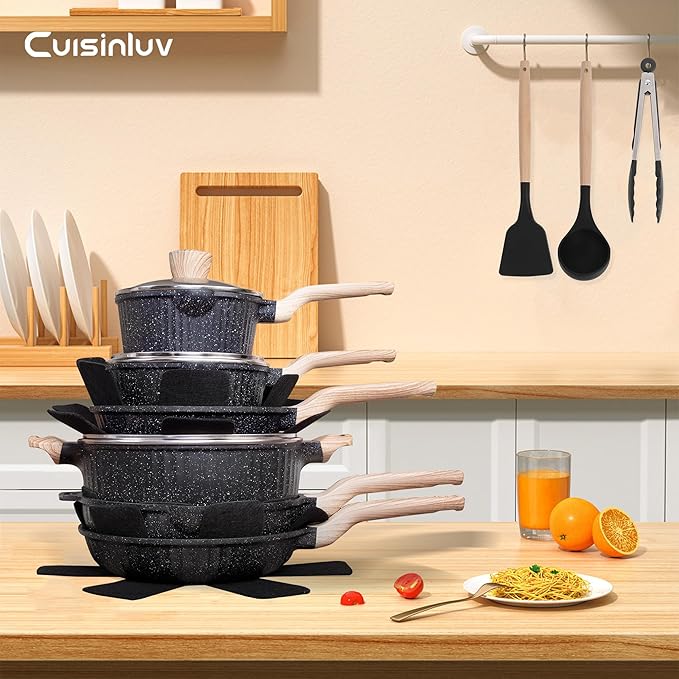 Pots and Pans Set Non Stick, 17Pcs Kitchen Cookware Sets, Granite Stone Induction Cookware Non Stick Cooking Set w/Frying Pans, Saucepans, Saut챕 Pan (PFOA Free), Black