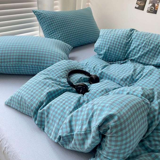 LifeTB Twin XL Comforter Set Blue Grey Gingham Comforter 3 Pieces Modern Plaid Grid Pattern Comforter Set Soft Lightweight Gingham Bedding Set Fluffy Plaid Checkered Comforter with 2 Pillowcases