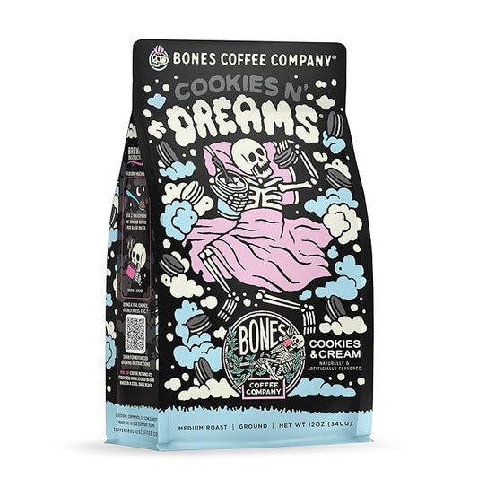 Bones Coffee Company Cookies 'N Dreams Cookies and Cream Flavored Coffee, Medium Roast Low Acid Arabica Beans Compatible with Auto drip and French Press Coffee Maker, 12 Oz Ground