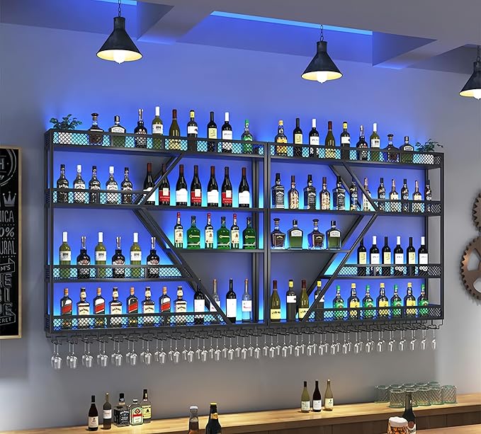 79 Inch 4 Tier Metal Wine Rack Wall Mounted, Modern Bar Shelves Wall Mounted Wine Rack with LED Light, Liquor Shelf Wall Mounted, Bar Shelves for Liquor Bottles (Black with Blue Led, 79--4 Tier)
