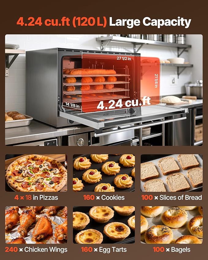 VEVOR Commercial Convection Oven, 4.24 cu.ft Countertop Oven for Full-Size Pans, Electric Convection Ovens with 4 Racks, 360째 Hot Air Circulation, for Bakery, Restaurant & Pizza Shop (208-240V 5000W)