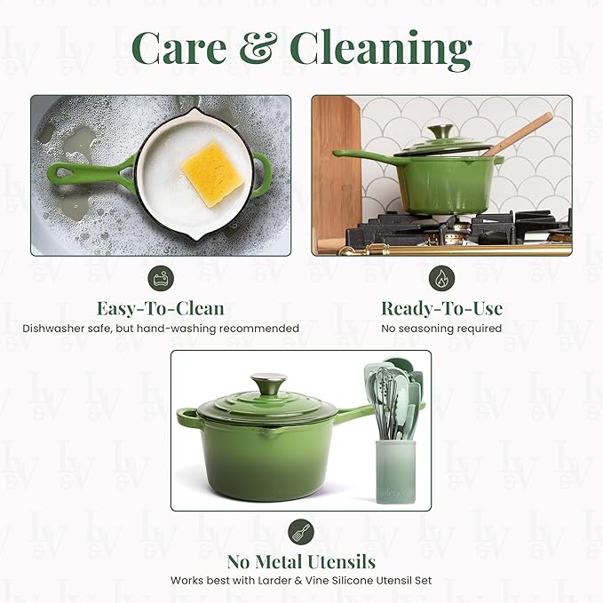 Larder & Vine Enameled Cast Iron Saucepan | 2.2 qt Sauce Pan with Lid | Saucepan with Pour Spouts | Enameled Cast Iron Pot Compatible on All Cooktops & Oven Safe to 500째 F | Okra