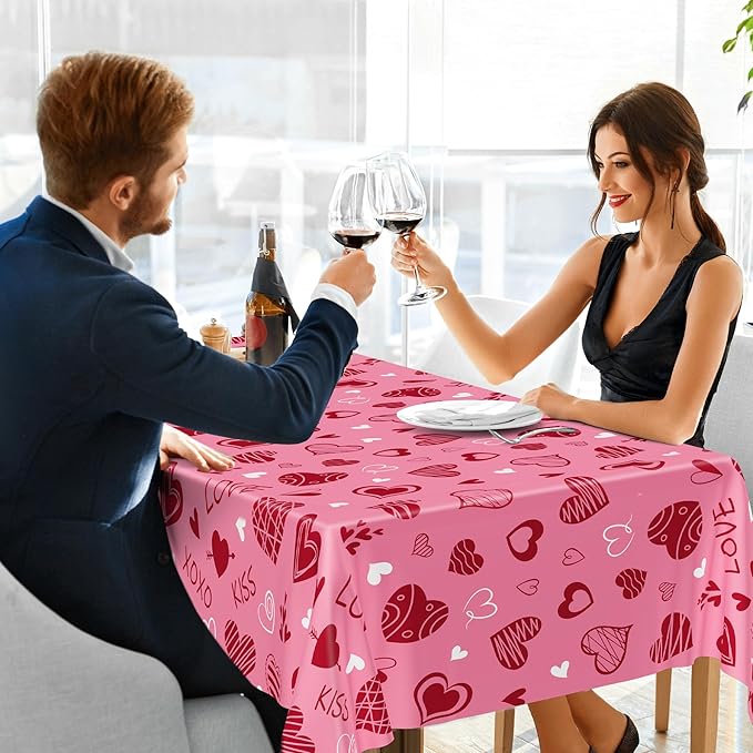 2 Pack Valentines Tablecloth, Disposable Romantic Love Tablecloths, 54" X 108" Plastic Valentines Decorations, Red Pink Galentines Decorations, Heart-shaped Table Cloths for Love Engagement Party