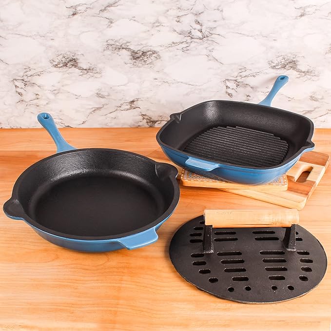 BergHOFF Neo 3Pc Enameled Cast Iron Cookware Set, Fry Pan 10 inches, Grill Pan 11 inches, Slotted Steak Press, Fast, Evenly Heat, Oven safe (Blue)