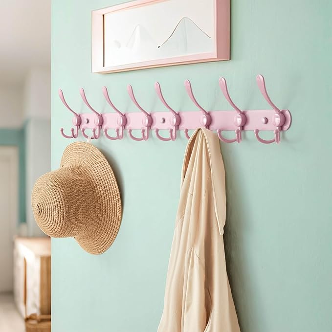 Dseap Coat Rack Wall Mount - 29.5??Long 8-Tri-Hooks Heavy Duty Coat Hanger Rail Wall Hooks for Hanging Coats Hats Clothing Clothes Purse Mudroom Entryway, Pink