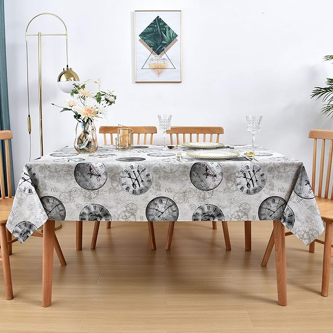 Vinyl Table Cloth Small Square Tablecloth, Wipeable Spillproof Plastic Oilcloth Table Cover, Waterproof PVC Tablecloths for Card Tables, Bistro Tables, Picnic 54 x 54 Inch 4ft Inch Grey Retro Clock