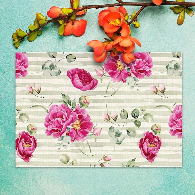 Jauageon Red Peony Flowers Placemat Set of 4 Spring Floral Placemats Spring Summer Eucalyptus Table Mats for Indoor Outdoor Home Party Kitchen Dining Decor Farmhouse Burlap Table Mats 12x18 Inch