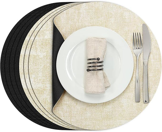 Myir JUN Round Placemats Dual Sided, Faux Leather Place Mats Set of 4 Indoor Placemats for Dining Table Outdoor Placemats Non-Slip Washable Table Mats (Set of 8, Cream Black)