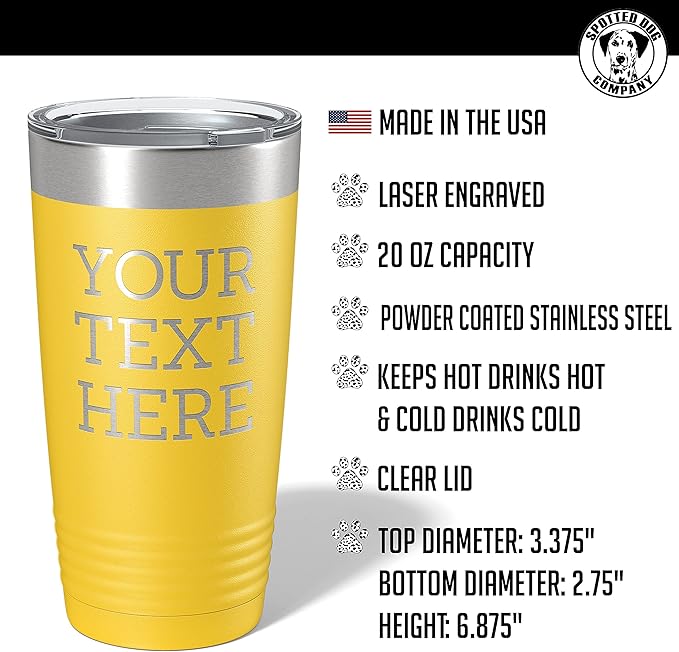 Personalized 20oz (17 Colors) Powder Coated Insulated Stainless Steel Tumbler with Lid, Custom Etched, Customized Text Message Name, Engraved Gift Idea Women Men Him Her, Your Text Here (Yellow)
