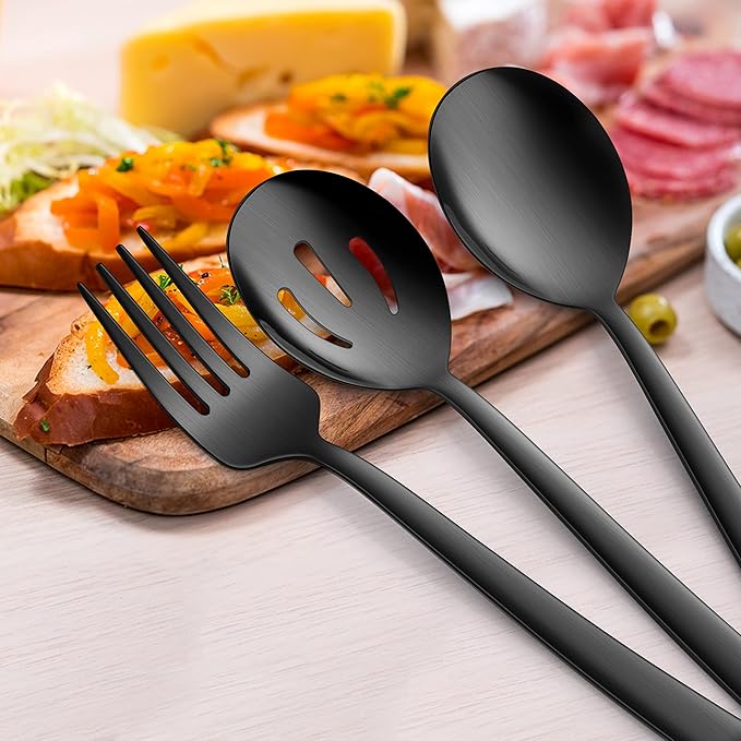E-far Matte Black Serving Utensils Set of 6, Stainless Steel 8.7 Inch Hostess Serving Set Including MetalSlotted Spoons Forks for Party Buffet Catering, Square Edge & Rust Free