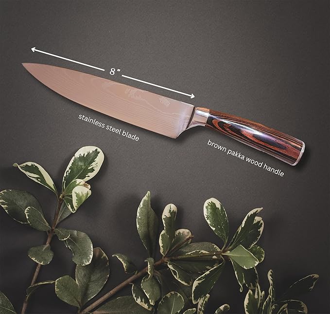 Professional Chef Knife | Personalized 8" Stainless Steel Kitchen Knife | Custom Engraved Initial & Name | Brown Pakka Wood Handle