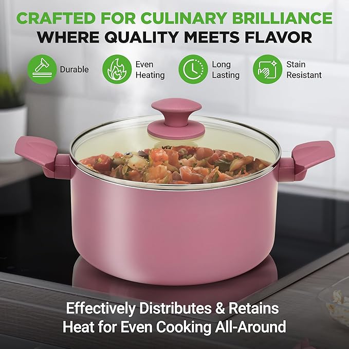 NutriChef 54-Piece Kitchen Cookware Set ??Complete Non-Stick Ceramic Pots and Pans Set with Utensils, Bakeware, and Knife Set, Gas, Electric & Induction Compatible, Blush Pink Kitchen Essentials