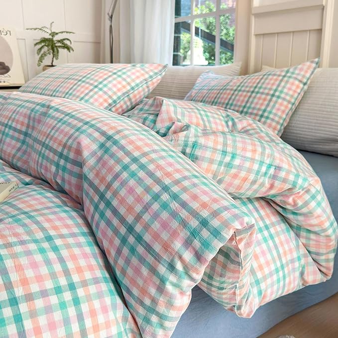 LifeTB Gingham Comforter Set Twin XL Multi-Colored Plaid Comforter Set 3 Pieces Checkered Grid Comforter with 2 Pillowcases Soft Fluffy Gingham Bedding Set Farmhouse Grid Bed Comforter Twin XL