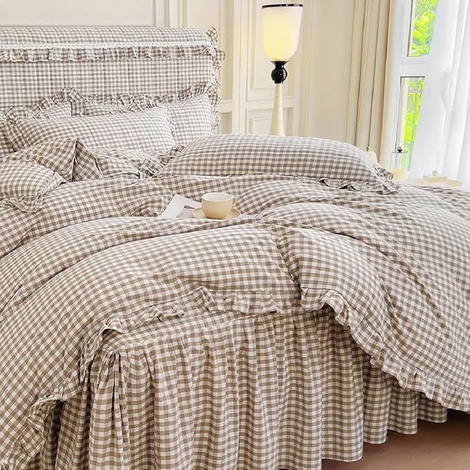 LifeTB Tan Gingham Comforter Set Full Vintage Ruffle Taupe Plaid Comforter Set 3 Pieces Soft Fluffy Grid Checkered Pattern Comforter with 2 Pillowcases Farmhouse Gingham Bedding Comforter Full