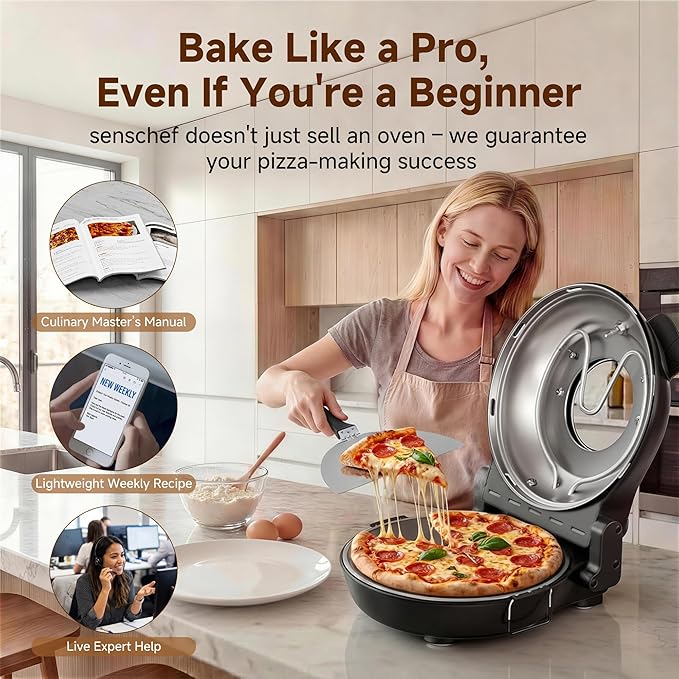 SEMSCHEF 12-Inch CrustyBake Beginner's Glazed Stone Pizza Oven: Quick 800째F Heating, Easy-Clean Design, Recipe Book & All Tools Included - Perfect for First-Time Pizza Makers at Home