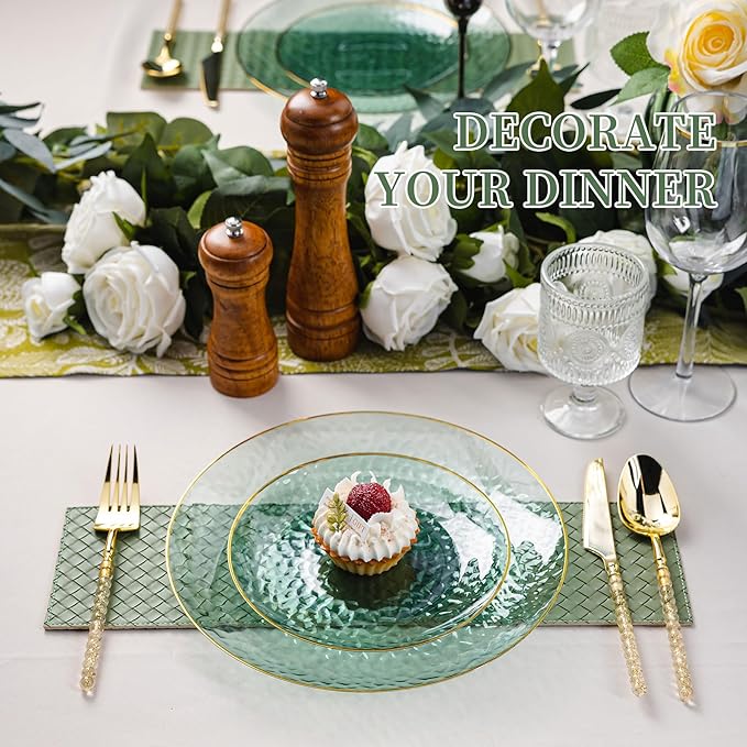 Lullaby 60pcs Green Plastic Plates with Gold Rim, Includes 30pcs Dinner Plate 10'' and 30pcs Clear Dessert Plate 7.5'', Green Disposable Plastic Plates for Parties, Birthdays and Wedding