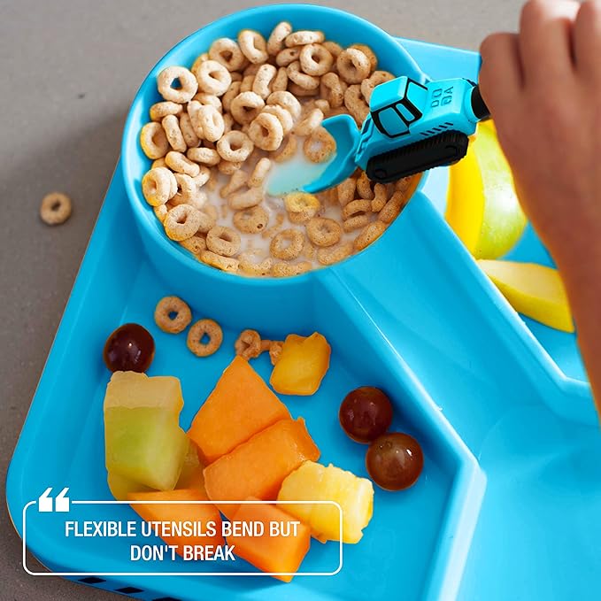 Dinneractive Utensil Set for Kids ??Construction Themed Toddler Forks and Spoons, Toddler Utensils ??2-Piece Set ??Blue Construction Utensils for Toddlers - Loader & Tractor Toddler Spoons and Forks