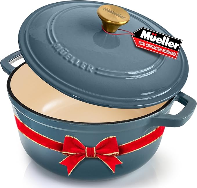 MUELLER HOME 6 Quart Enameled Cast Iron Pot Dutch Oven, Heavy-Duty, Oven-Safe up to 500째 F & Across All Cooktops, Bread Pan with Lid & Knob, Cast Iron Cookware, Blue Kitchen Accessories, Mineral Blue