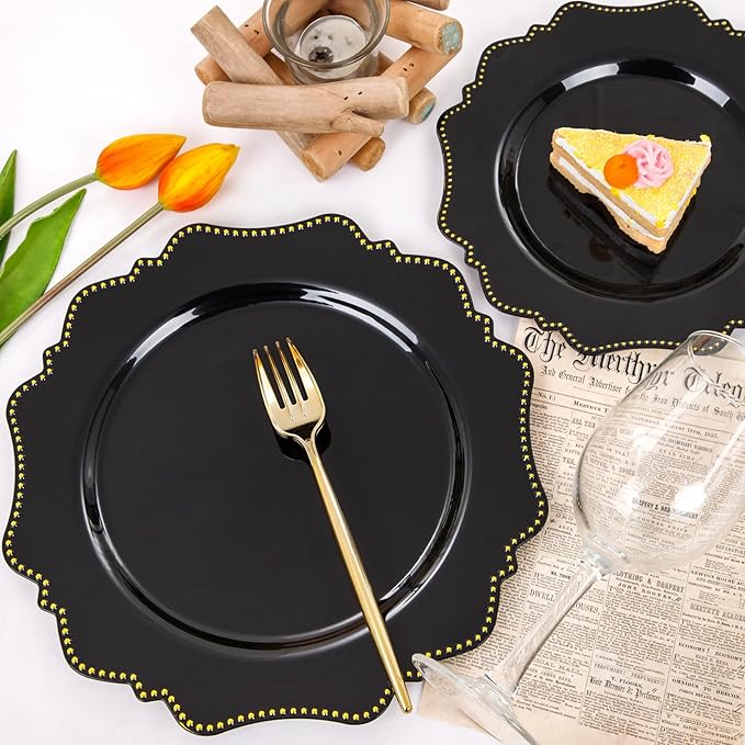 COLOSUS 60pcs Disposable Plastic Plates Set, Gold Black Party Plates, 30pcs Dinner Plates and 30pcs Salad/Dessert Plates for Wedding, Party, Anniversary, Daily Use竊똍ew Year