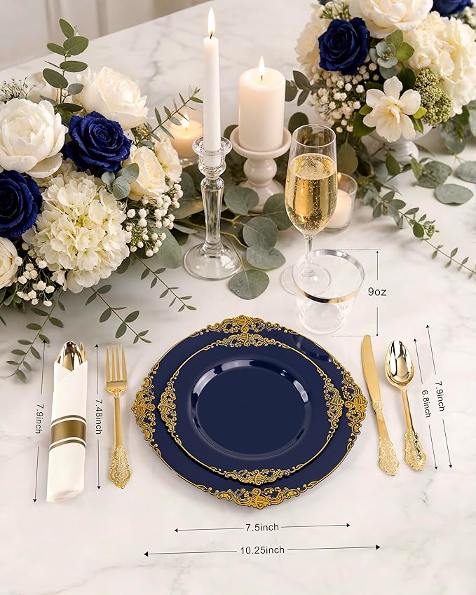 Nervure 350Pcs Blue Plastic Plates - Blue Gold Plastic Dinnerware Sets for 50 Guests - 100 Gold Disposable Plates, 50 Pre Rolled Silverware, 50 Cups Perfect for Wedding & Party & Independence