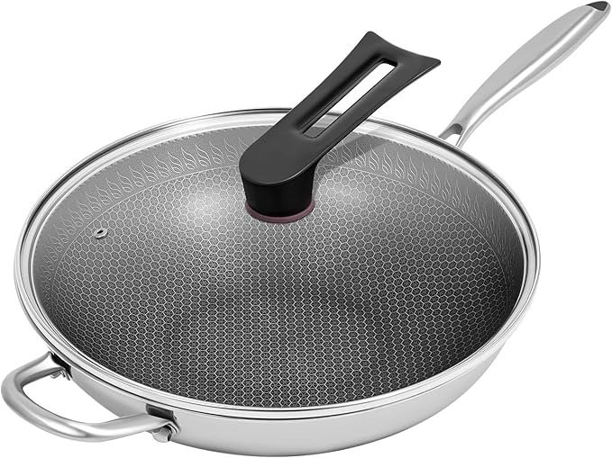 Wok Pan, Hybrid 13 inch Wok with Lid, Non Stick Stainless Steel Woks, Dishwasher and Oven Safe, Works on Induction Gas Stoves