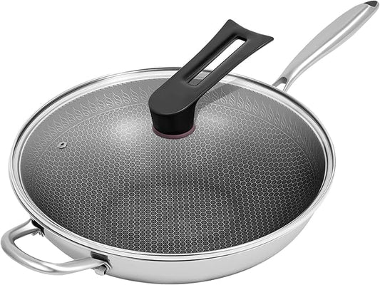 Wok Pan, Hybrid 13 inch Wok with Lid, Non Stick Stainless Steel Woks, Dishwasher and Oven Safe, Works on Induction Gas Stoves