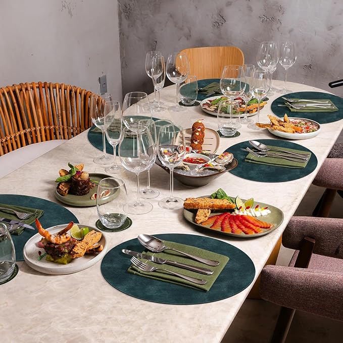 ADRIMER Placemats, Heat Resistant Round Placemats Set of 6 Washable, Waterproof Table Mats, Wipeable Faux Leather Place Mats for Kitchen, Dining Room, Dark Blue