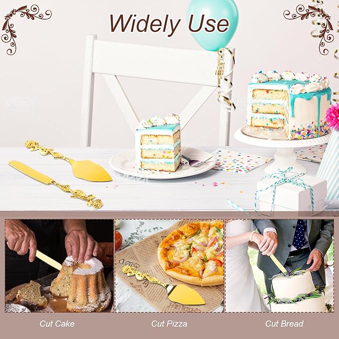 2 PCS Gold Cake Cutting Set, Wedding Cake Knife and Server Set, Vintage Engraved Cake Cutter and Serving Spatula for Wedding, Birthday, Anniversary, Party