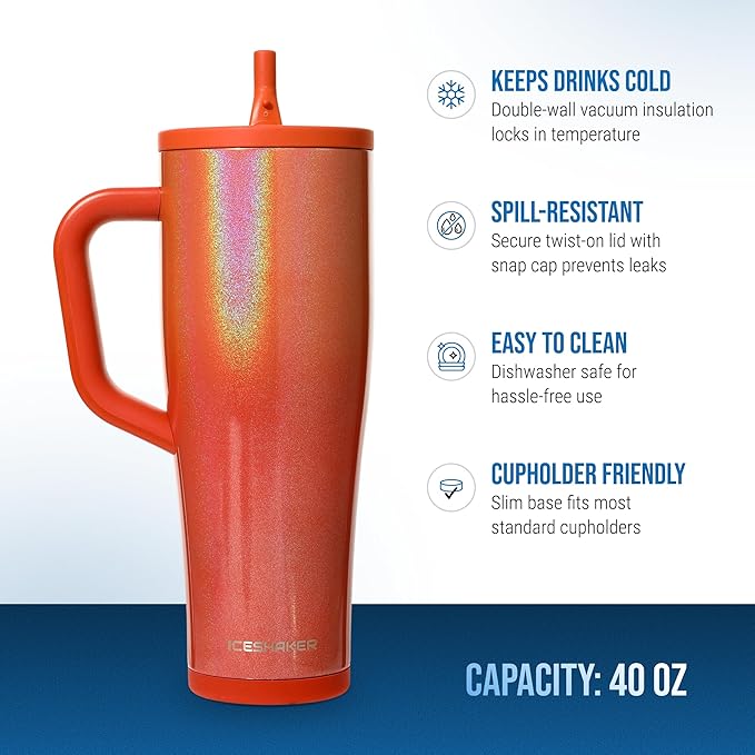 Ice Shaker 40 oz Tumbler with Handle and Straw | 40oz Show Girl | Cold for 30+ Hours | 2-in-1 Tumbler Shaker Bottle | Odor-Free 40 ounce Bottle for Water, Protein Shakes, Smoothies, Cocktails