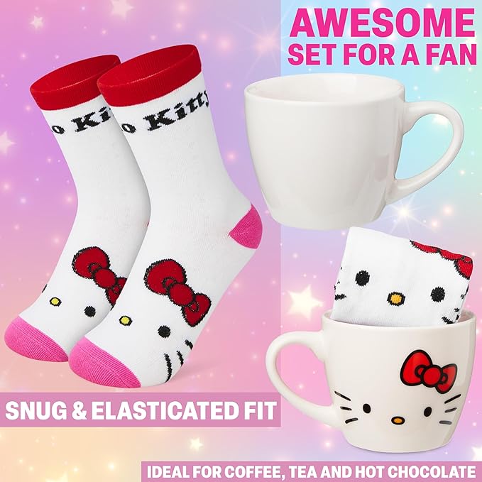Get Trend Hello Kitty Sanrio Coffee Mug and Socks Set, 11.5 oz Ceramic Cup with Crew Socks, Kawaii Drinkware Christmas, Secret Santa Gifts for Women (White Hello Kitty)
