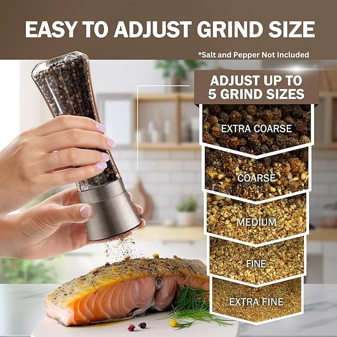 Home EC Original Gun Metal Bronze Salt and Pepper Grinder Set of 2 - Adjustable Ceramic Grinder - Tall Glass Salt and Pepper Shakers With Funnel and Ebook - Spice Mill - Bronze Kitchen Accessories