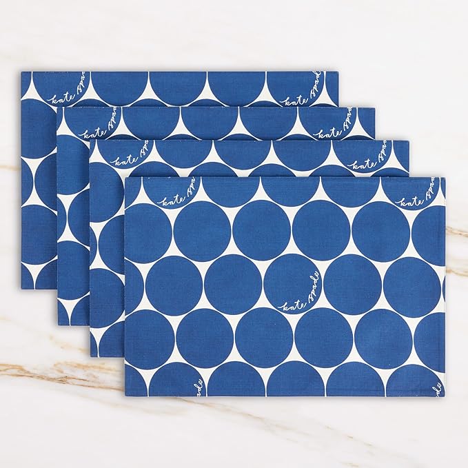 Kate Spade New York Joy Dot Placemats 4-Pack Set, Reversible, 100% Cotton, Machine Washable, Navy Blue/Cream, 13"x19"