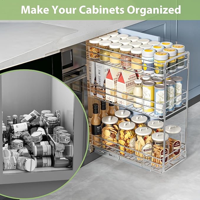 Pull Out Spice Rack Cabinet Organizer 5쩍" W x 20쩍" D, 3 Tier Heavy Duty Sliding Spice Cabinet Organization for Narrow Cabinet, Pull Out Shelves for Kitchen