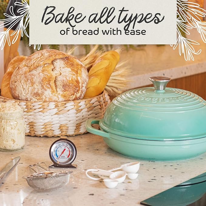 Enameled Cast Iron Bread Pan with Lid 11??Green Bread Oven Cast Iron Sourdough Baking Pan, Dutch Oven for Bread, No Seasoning Needed-Segretto Cookware