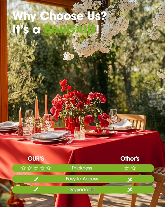 Pureegg Plastic Table Cloth Disposable 12 Pack, 54 x 108 Inch Table Cloths, Valentines Day, Thanksgiving, Christmas Decorations, Fall Tablecloths, Rectangle, Plastic Cover, Leakproof & Sturdy, Red