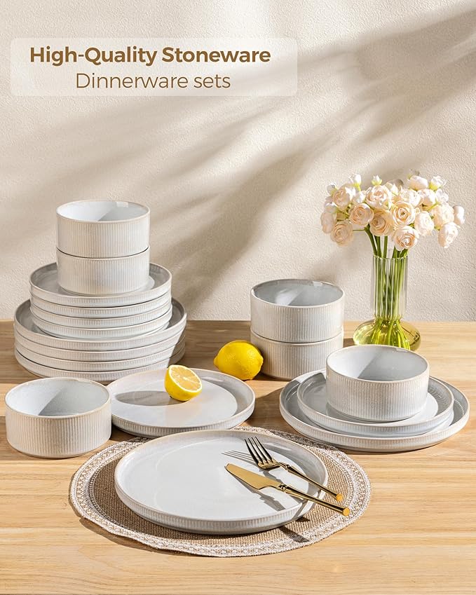 GBHOME Stoneware Dinnerware Sets for 4, Round Reactive Glaze Ceramic Plates and Bowls Set, Highly Scratch Resistant | Dishwasher & Microwave Safe 竊똕ervice for 4(12Pcs),Sugar White