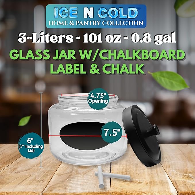 Kitchen and Laundry Storage Glass Jar ??Wide Mouth Round Glass Storage Container with Black Steel Lid and Chalkboard Label - 2 Sticks of Chalk Included (1, 3L | 101oz | 0.8 Gallon)